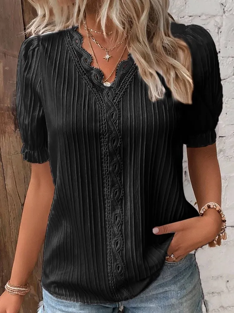 2025 New Arrival Pre-SaleV Neck Plain Lace Elegant Shirt