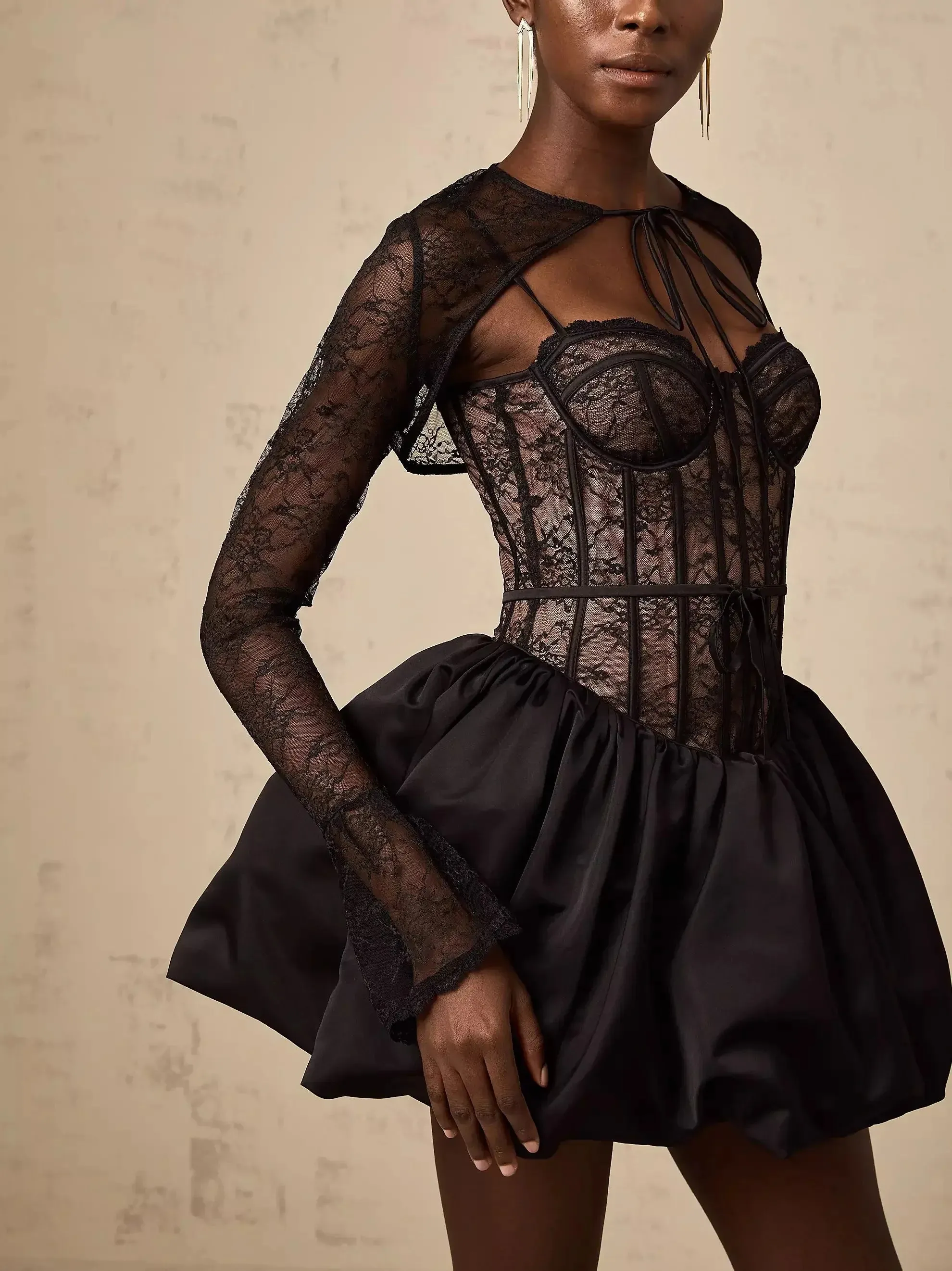 Black Lace Corset Style Flared Mini Dress with Bolero Jacket