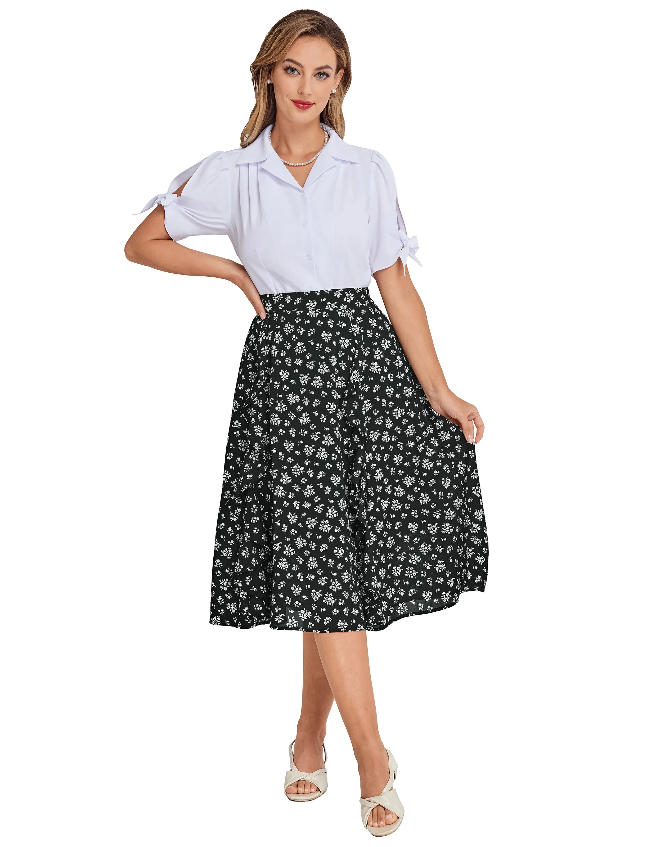 BP Women Retro Swing Skirt Elastic Waist Ruffle Decorated Mid-Calf A-Line Skirt