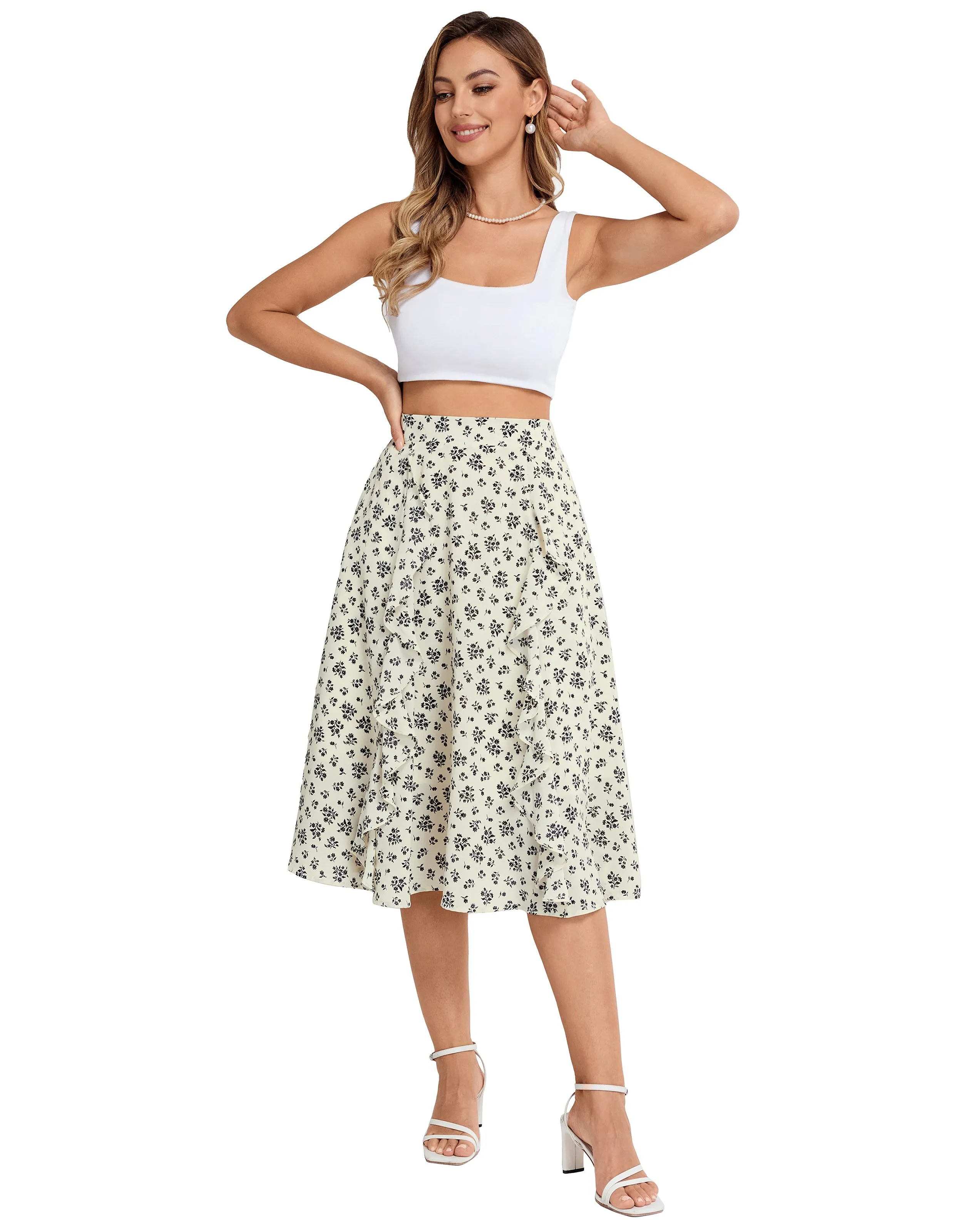 BP Women Retro Swing Skirt Elastic Waist Ruffle Decorated Mid-Calf A-Line Skirt