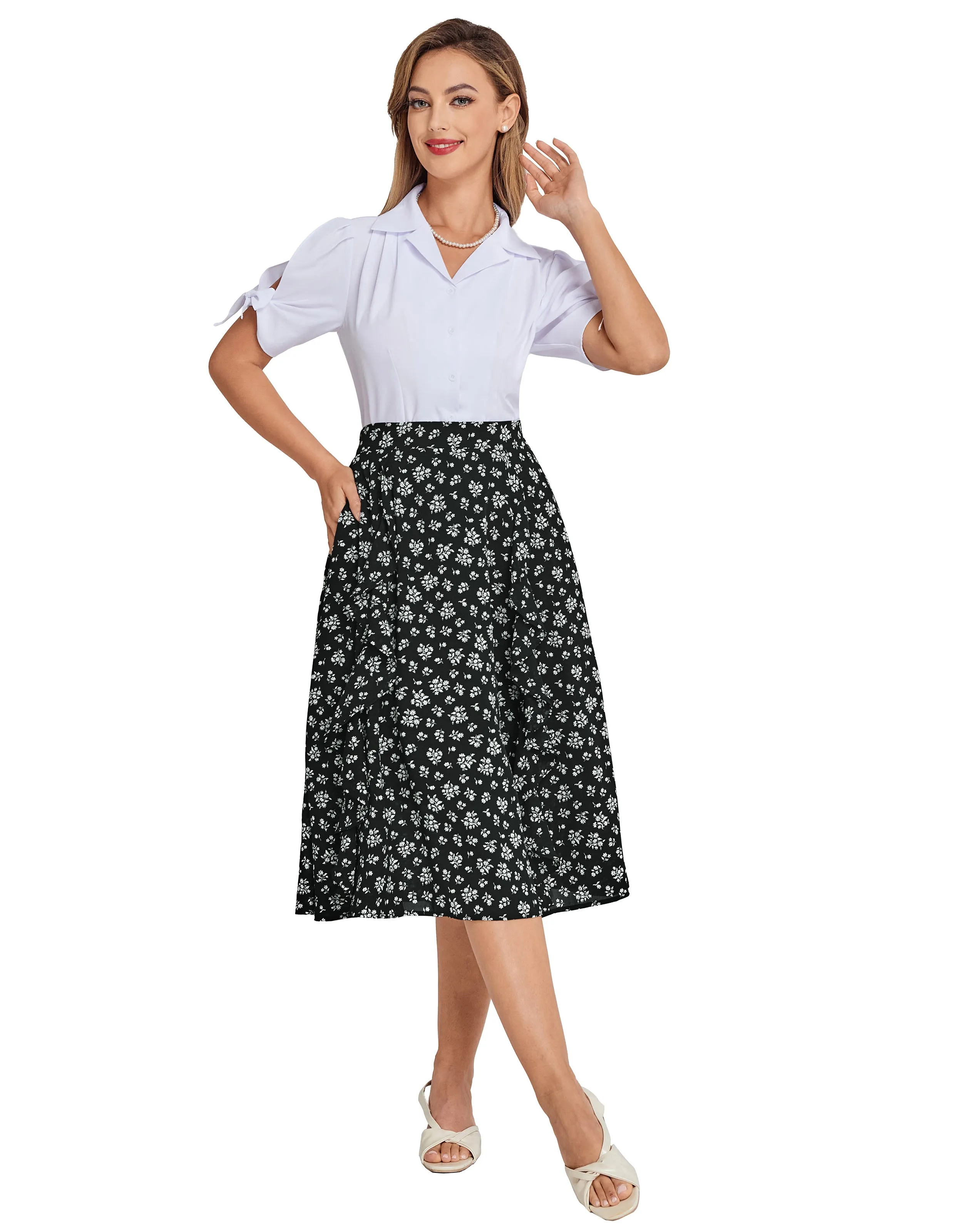 BP Women Retro Swing Skirt Elastic Waist Ruffle Decorated Mid-Calf A-Line Skirt