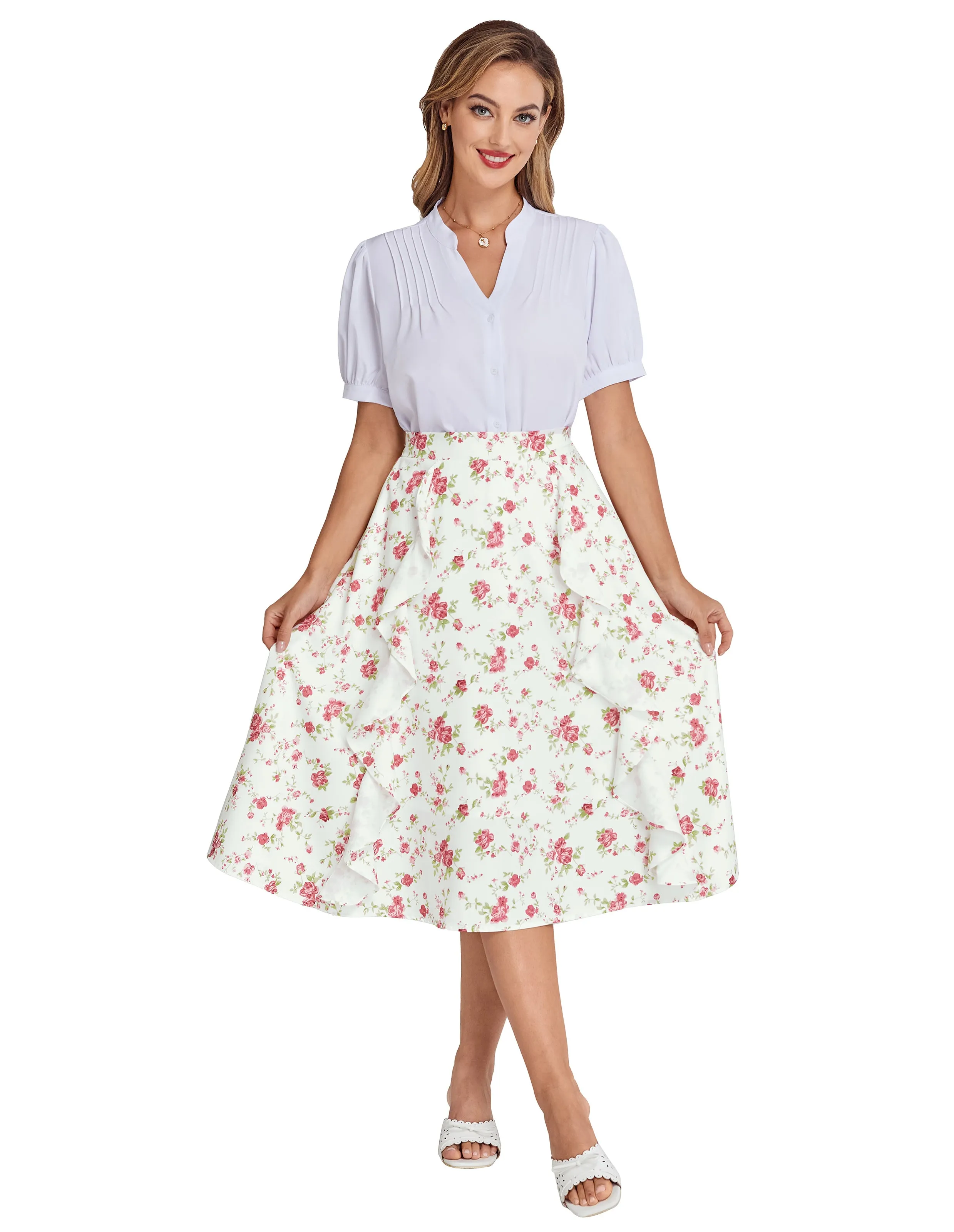 BP Women Retro Swing Skirt Elastic Waist Ruffle Decorated Mid-Calf A-Line Skirt