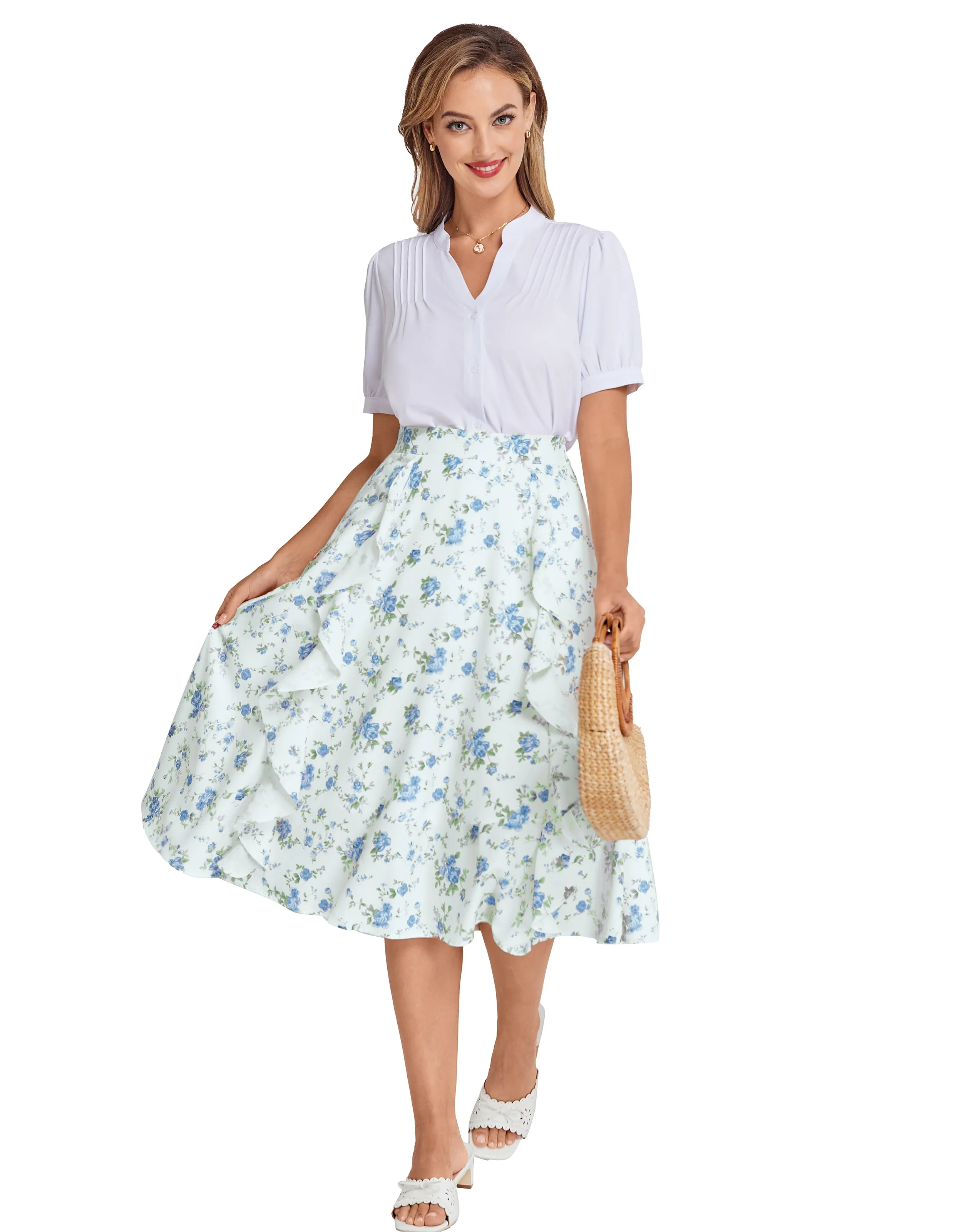 BP Women Retro Swing Skirt Elastic Waist Ruffle Decorated Mid-Calf A-Line Skirt