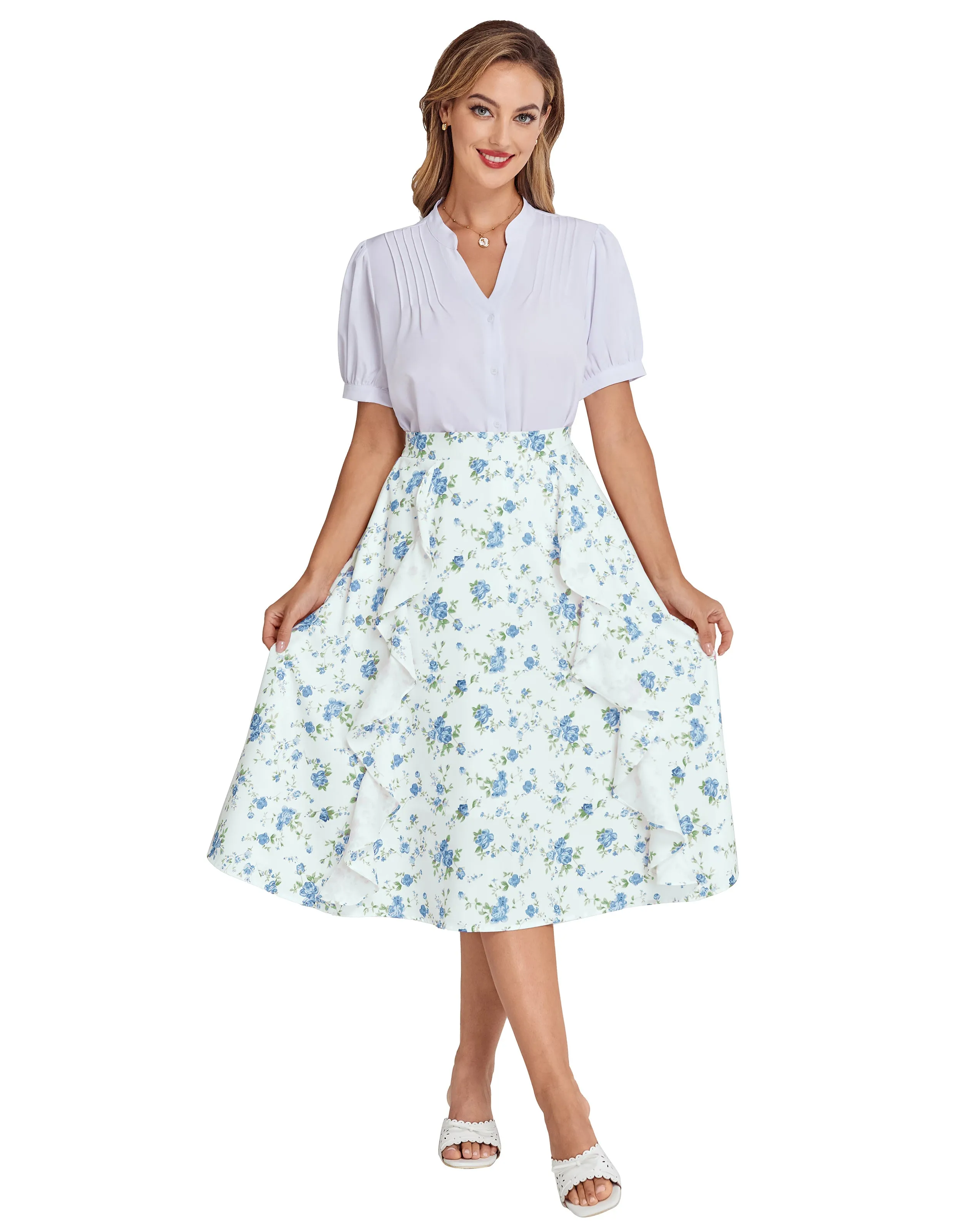 BP Women Retro Swing Skirt Elastic Waist Ruffle Decorated Mid-Calf A-Line Skirt