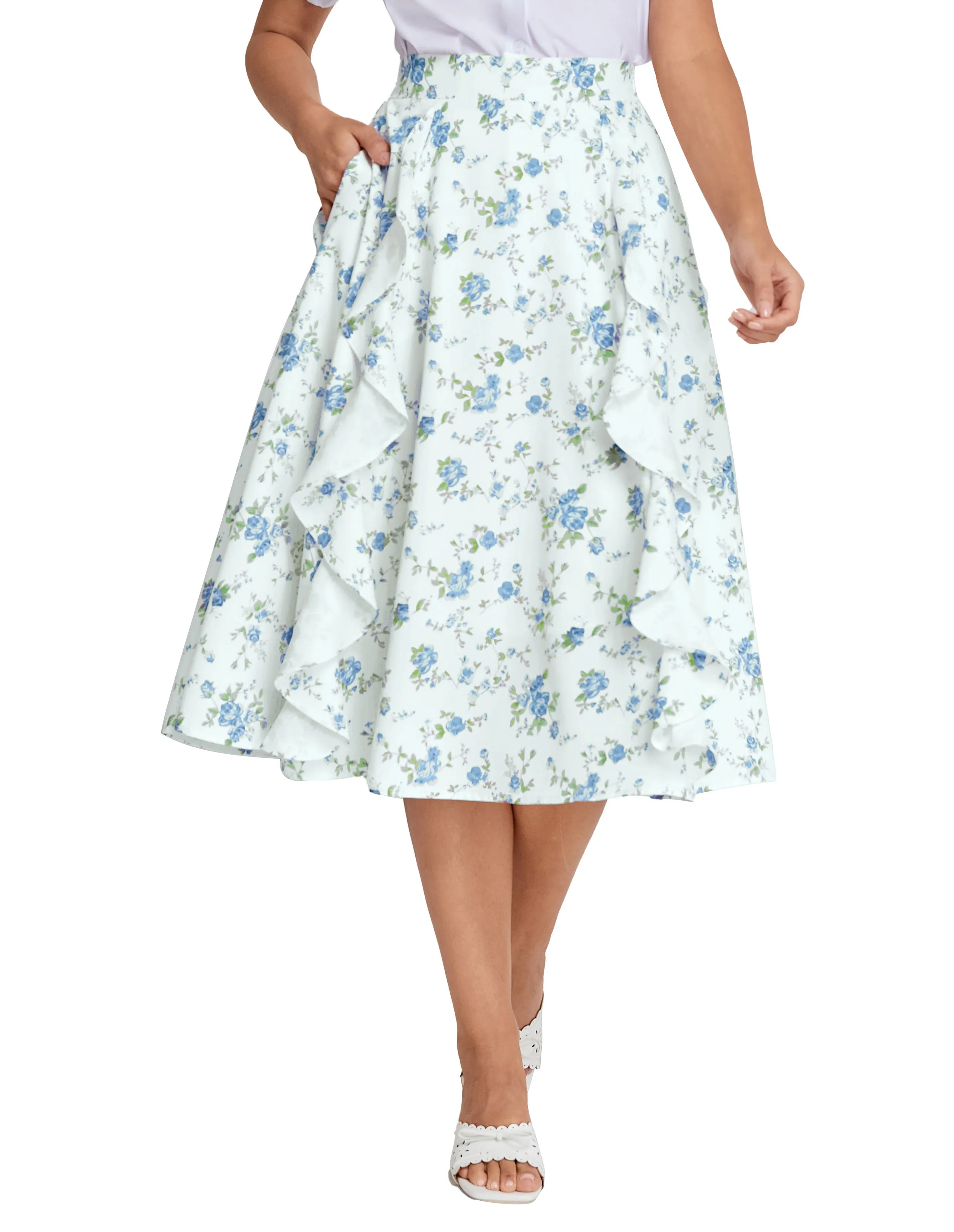 BP Women Retro Swing Skirt Elastic Waist Ruffle Decorated Mid-Calf A-Line Skirt