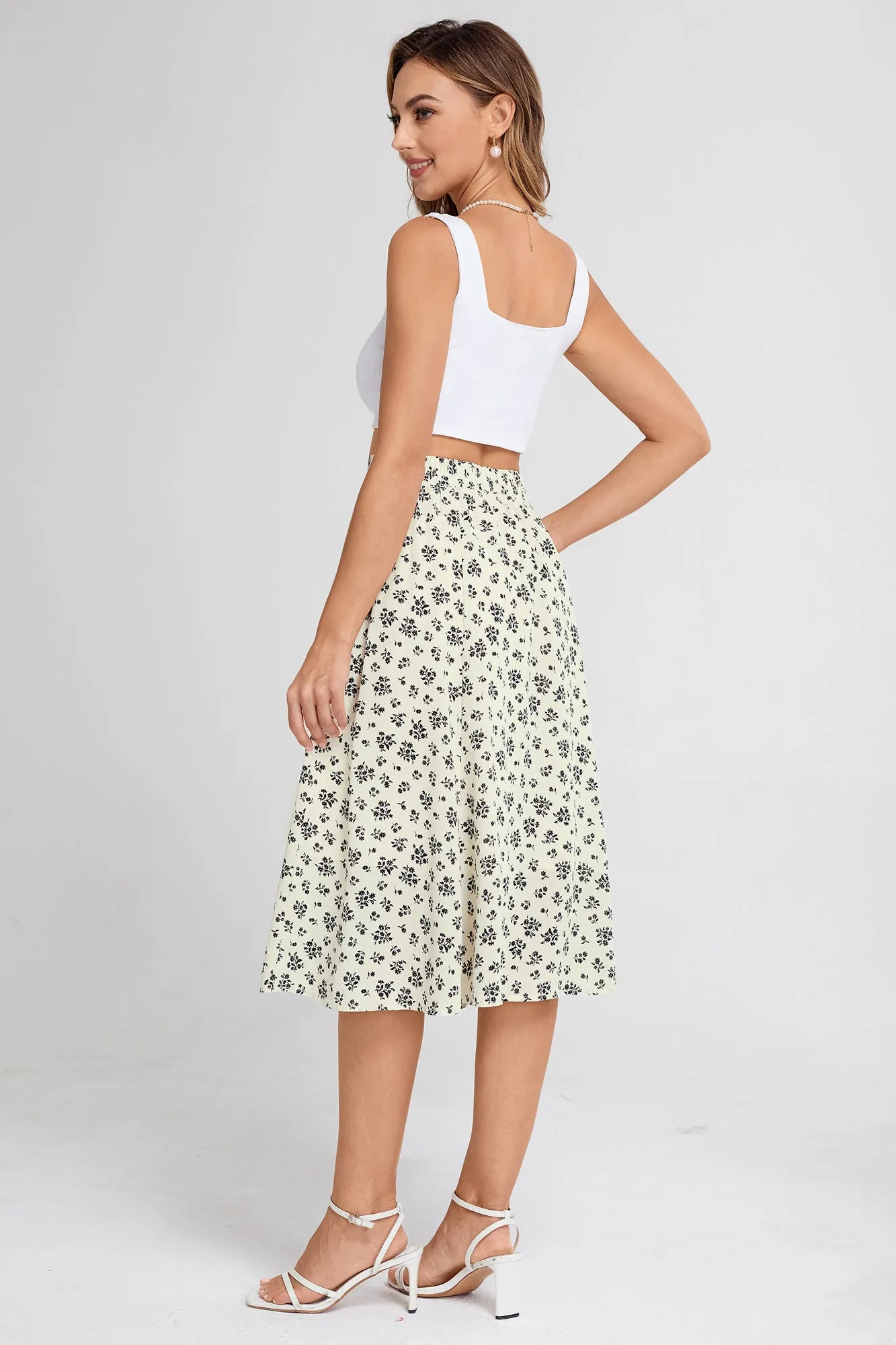 BP Women Retro Swing Skirt Elastic Waist Ruffle Decorated Mid-Calf A-Line Skirt