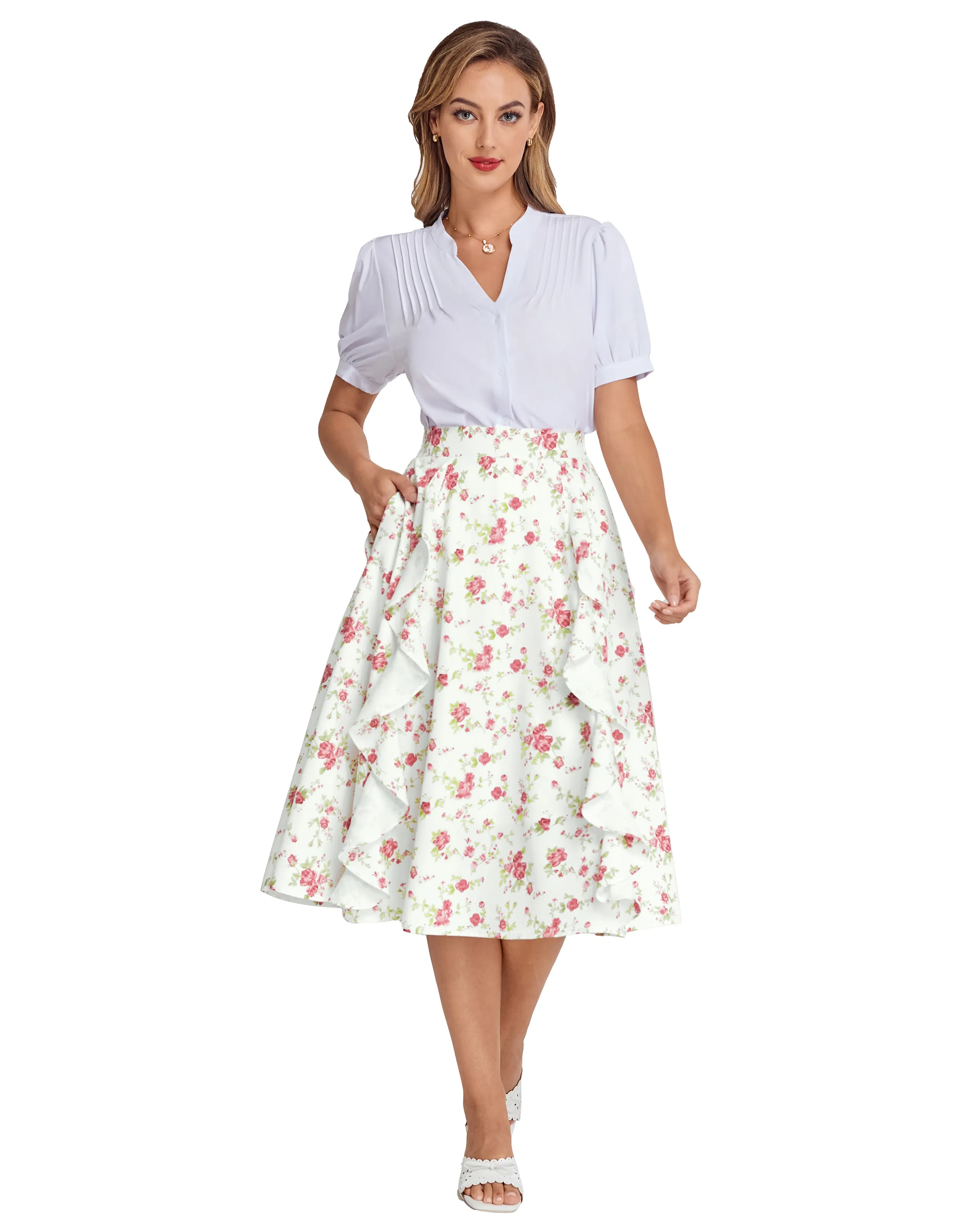 BP Women Retro Swing Skirt Elastic Waist Ruffle Decorated Mid-Calf A-Line Skirt