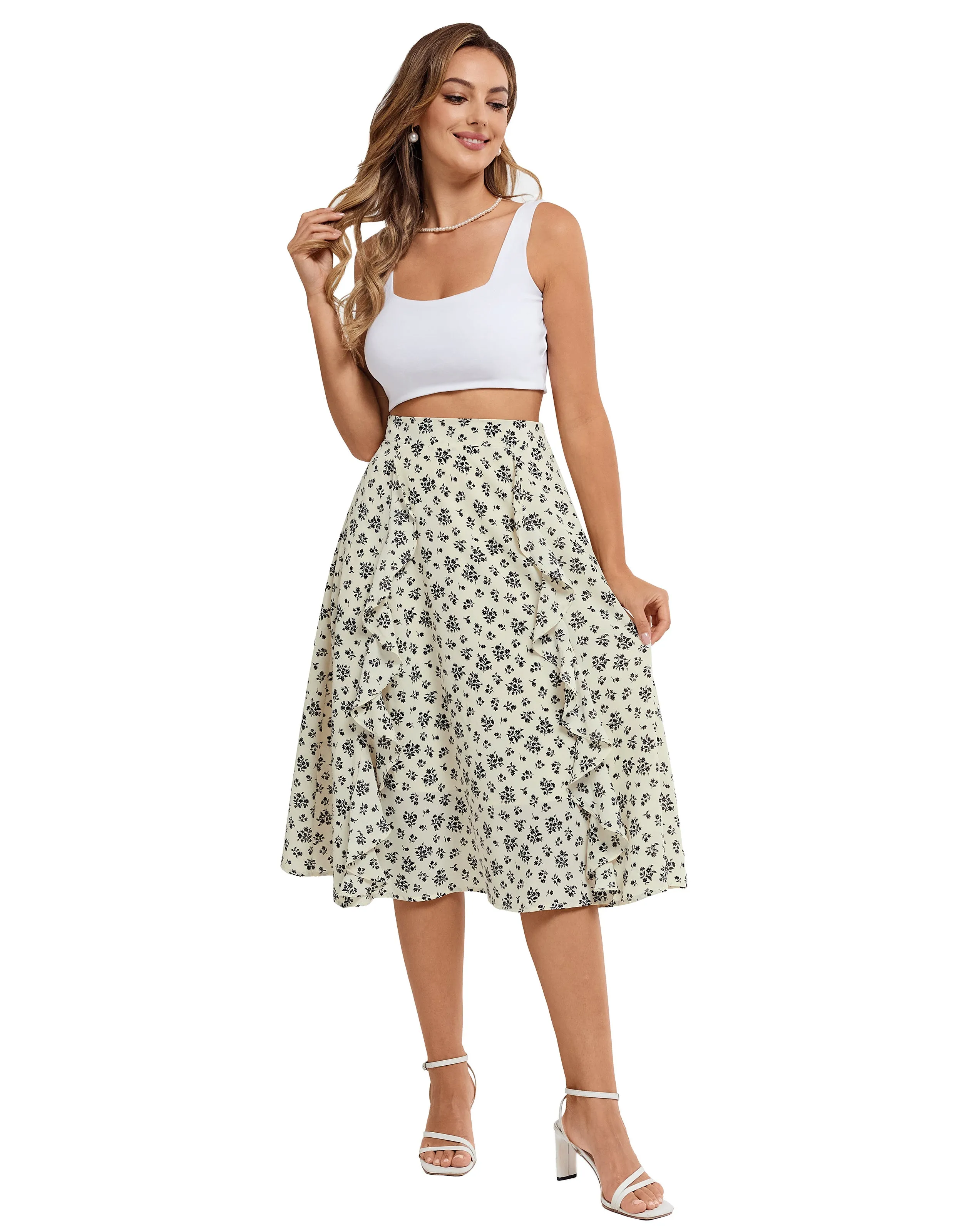 BP Women Retro Swing Skirt Elastic Waist Ruffle Decorated Mid-Calf A-Line Skirt