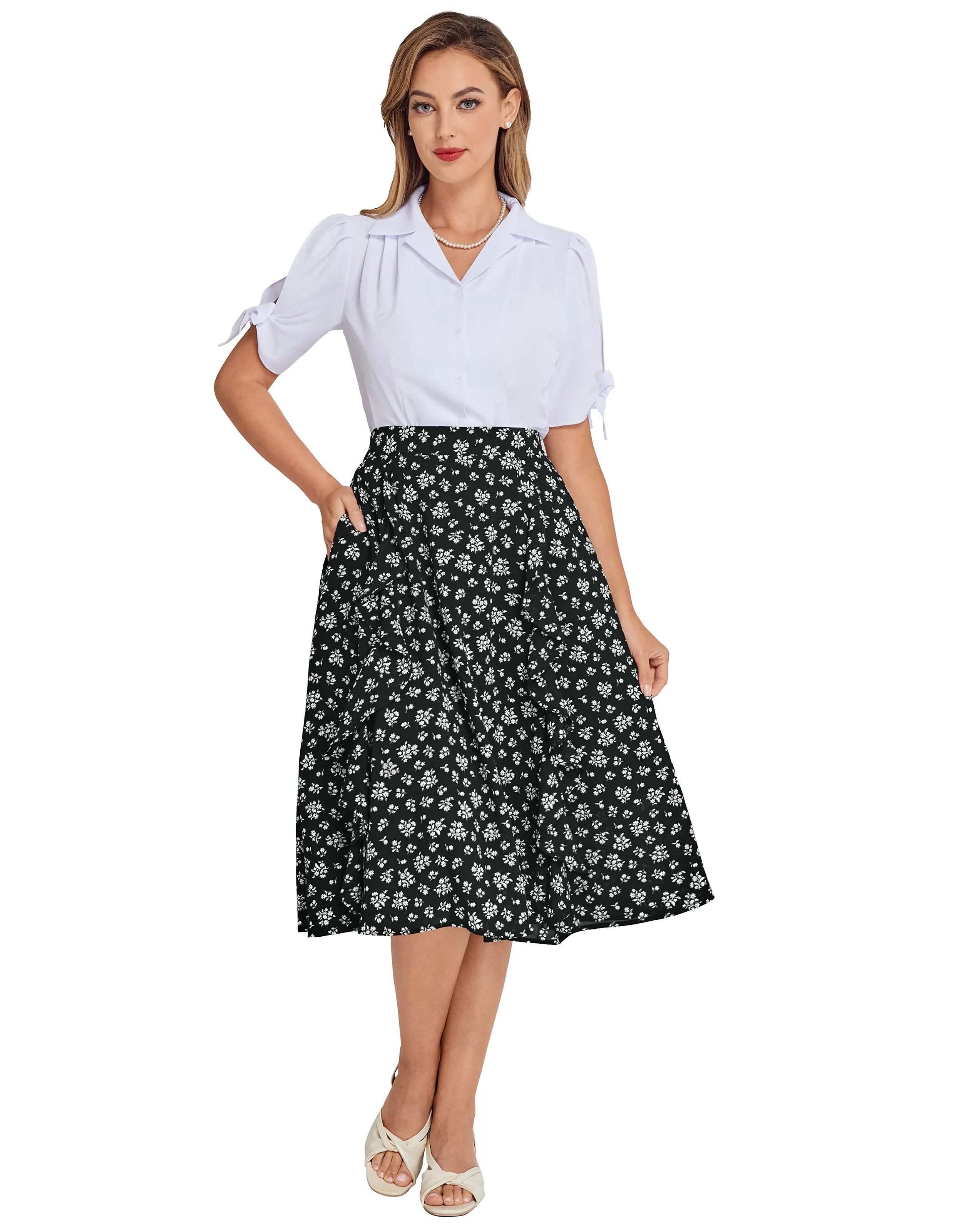 BP Women Retro Swing Skirt Elastic Waist Ruffle Decorated Mid-Calf A-Line Skirt