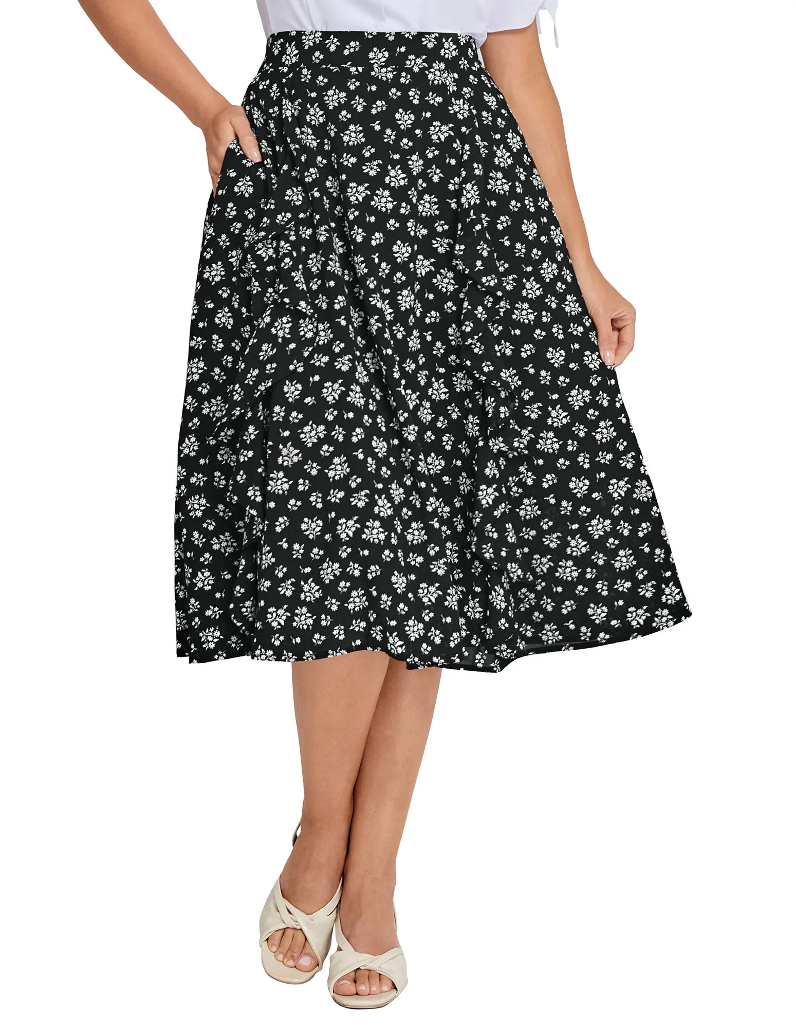 BP Women Retro Swing Skirt Elastic Waist Ruffle Decorated Mid-Calf A-Line Skirt