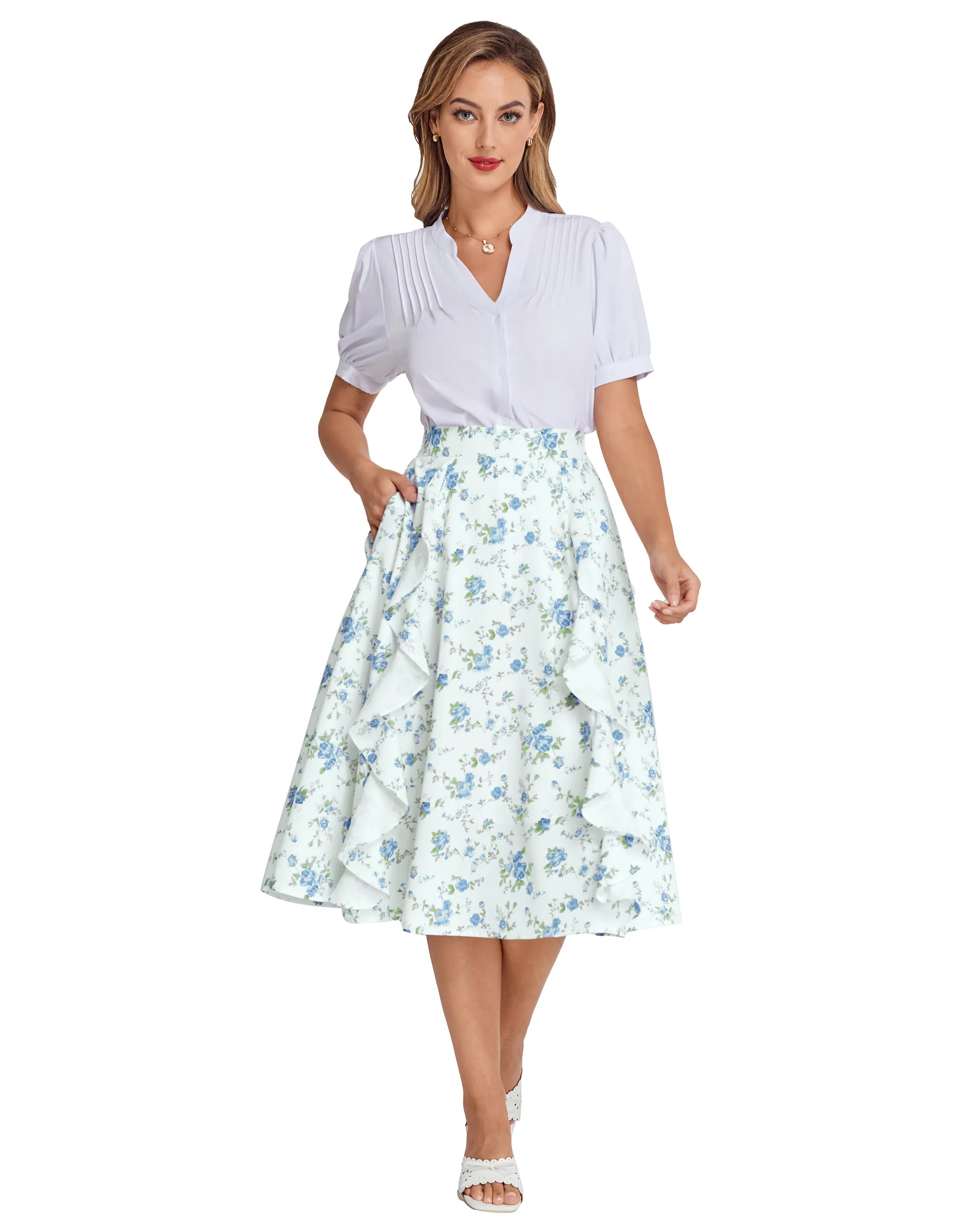 BP Women Retro Swing Skirt Elastic Waist Ruffle Decorated Mid-Calf A-Line Skirt