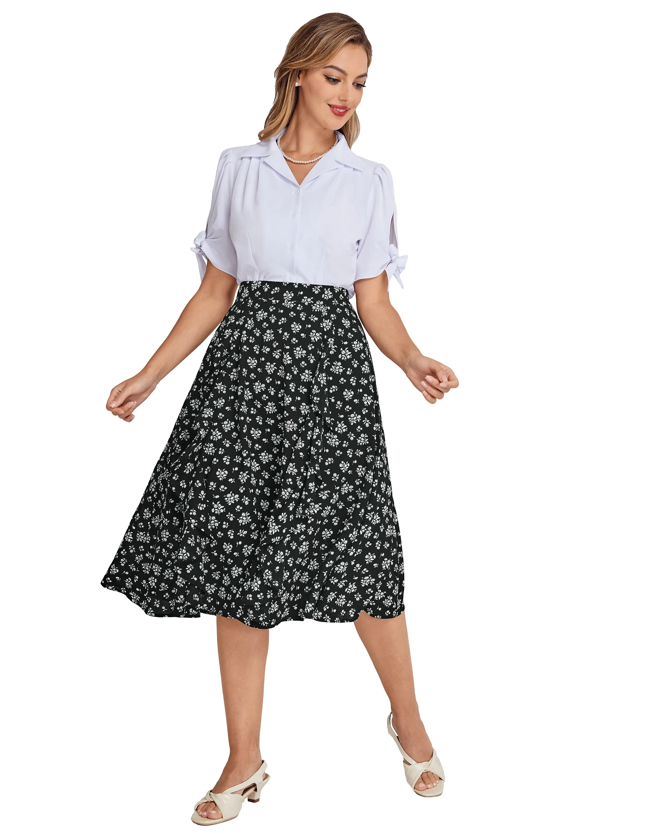 BP Women Retro Swing Skirt Elastic Waist Ruffle Decorated Mid-Calf A-Line Skirt