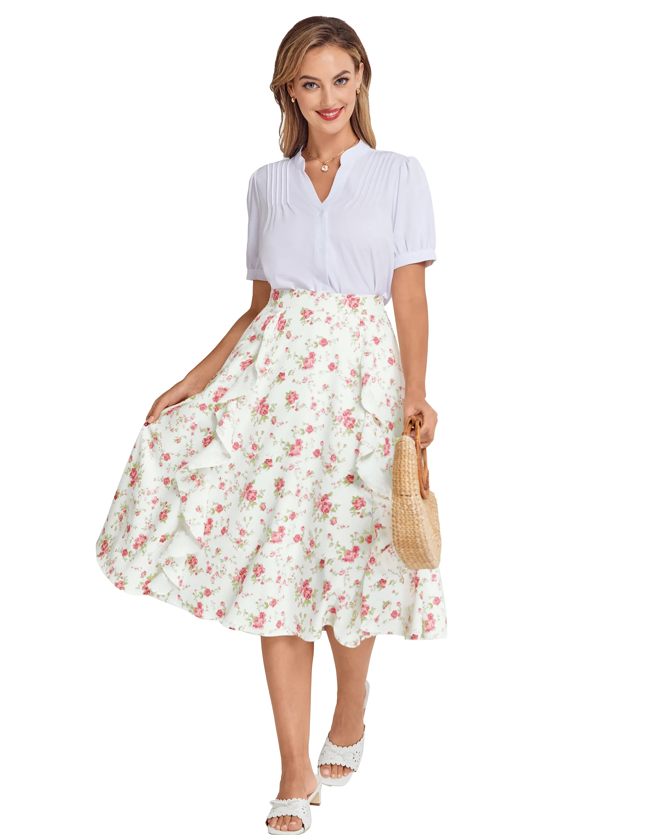 BP Women Retro Swing Skirt Elastic Waist Ruffle Decorated Mid-Calf A-Line Skirt