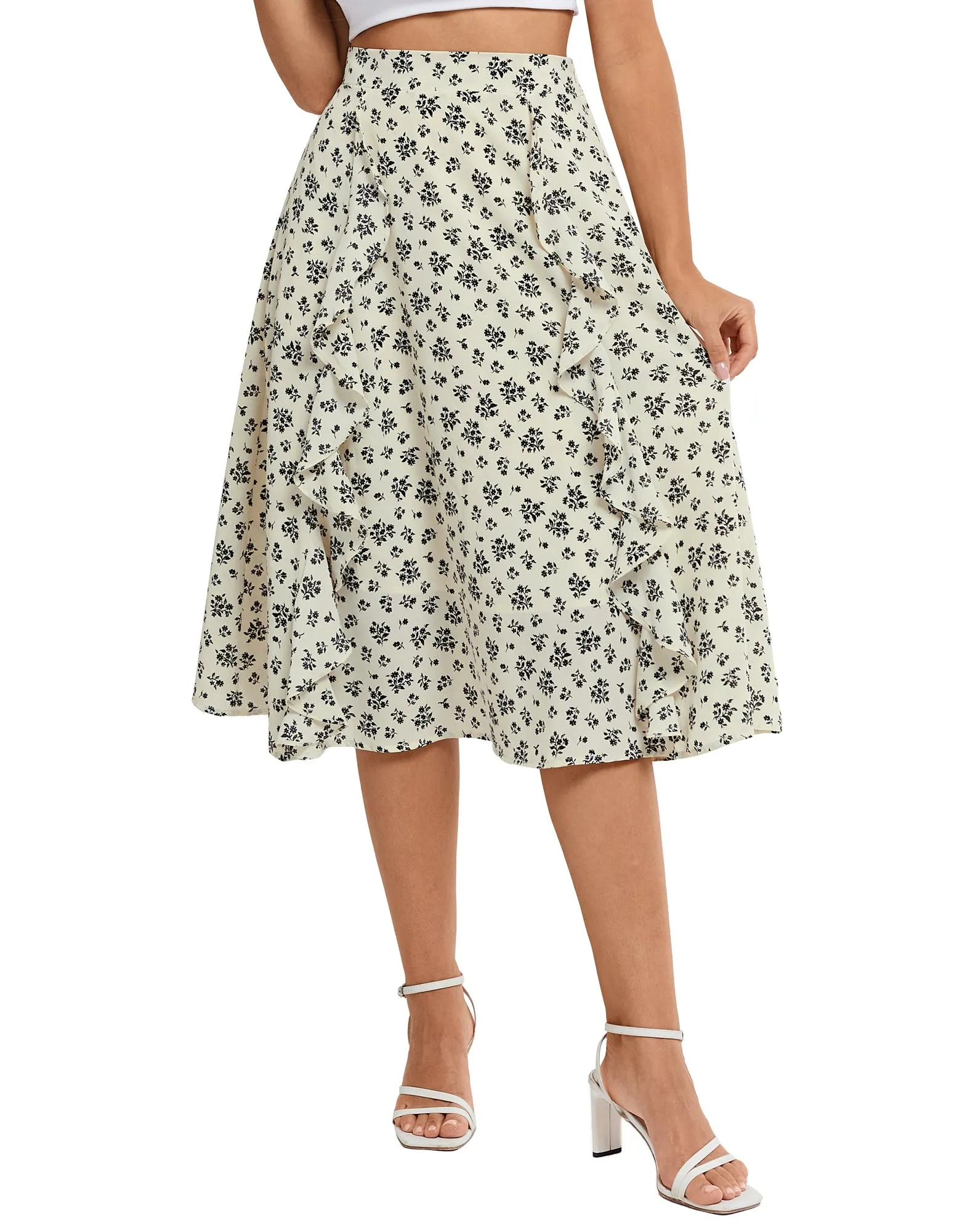 BP Women Retro Swing Skirt Elastic Waist Ruffle Decorated Mid-Calf A-Line Skirt