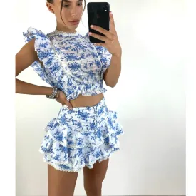 Floral Lace Ruffled Crop Top and Mini Skirt Set