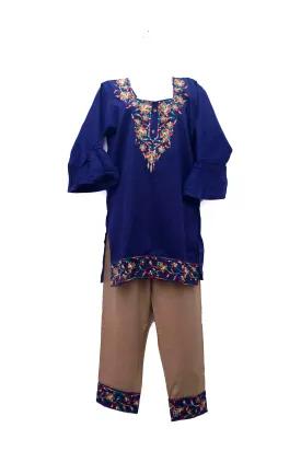 Girls' Navy Blue Kurti and Plazzo with Embroidery & Stone Work