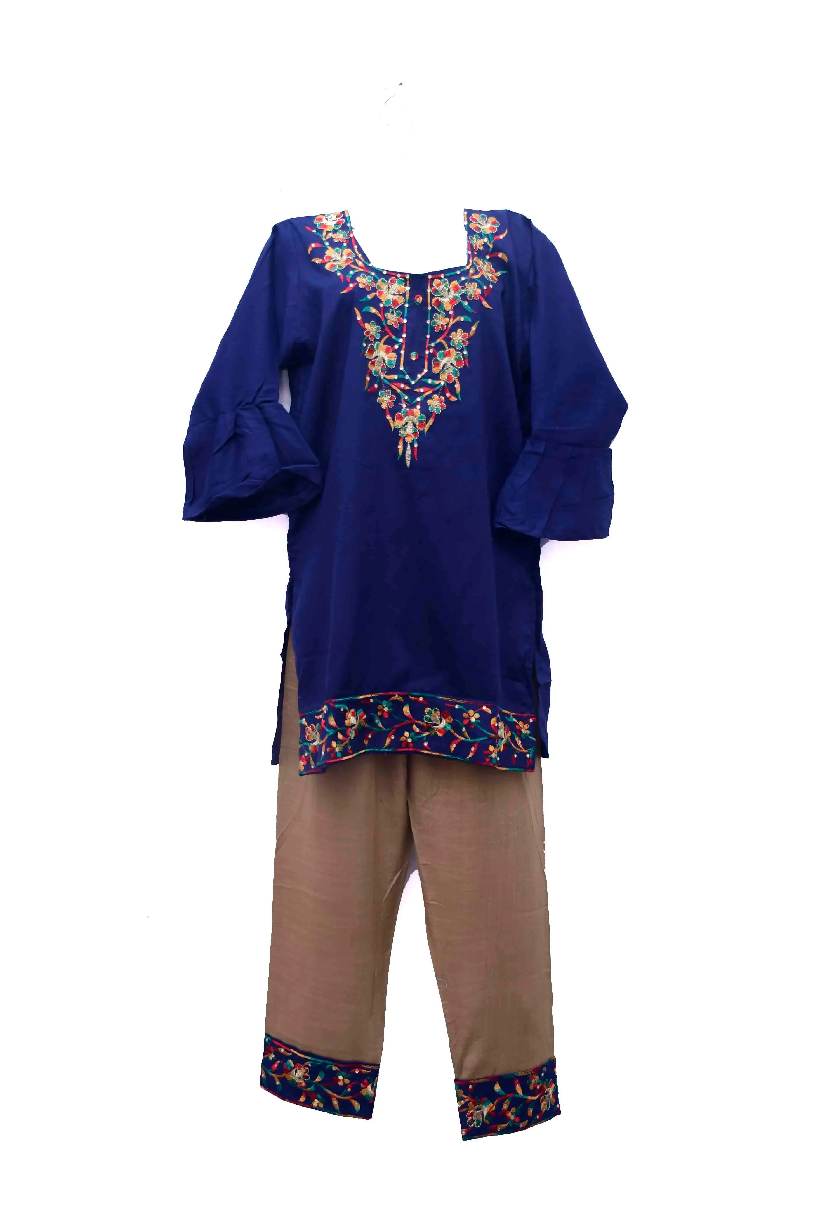 Girls' Navy Blue Kurti and Plazzo with Embroidery & Stone Work