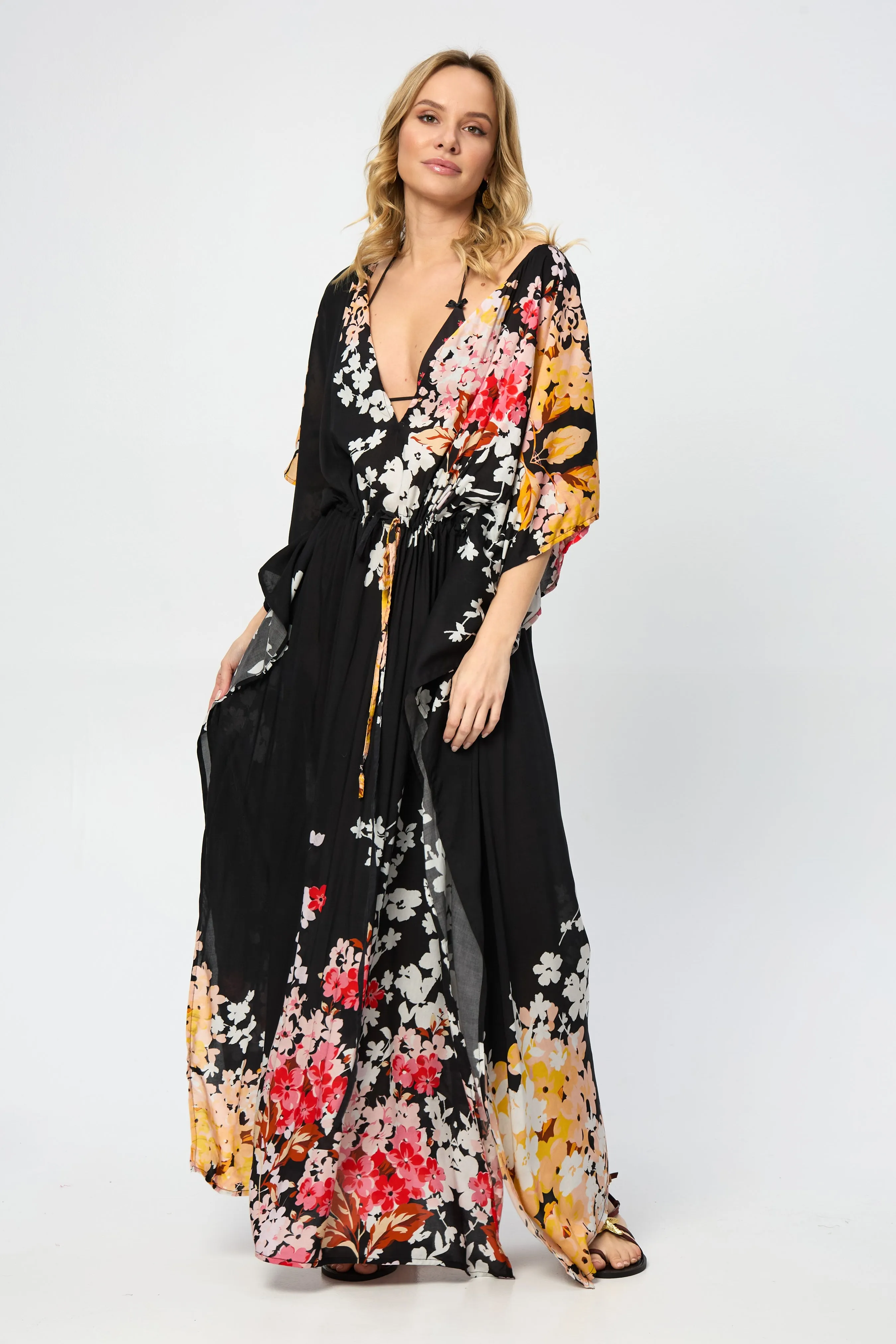 Multicolored Fiore Tie Waist Keyhole Kaftan