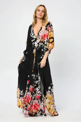 Multicolored Fiore Tie Waist Keyhole Kaftan