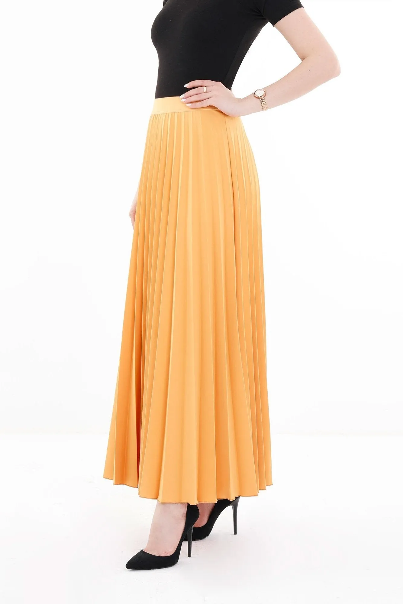 Mustard Pleated Maxi Skirt Elastic Waist Band Ankle Length Plisse Skirt