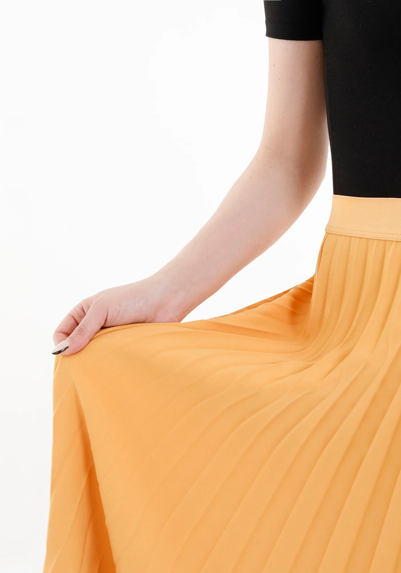 Mustard Pleated Maxi Skirt Elastic Waist Band Ankle Length Plisse Skirt