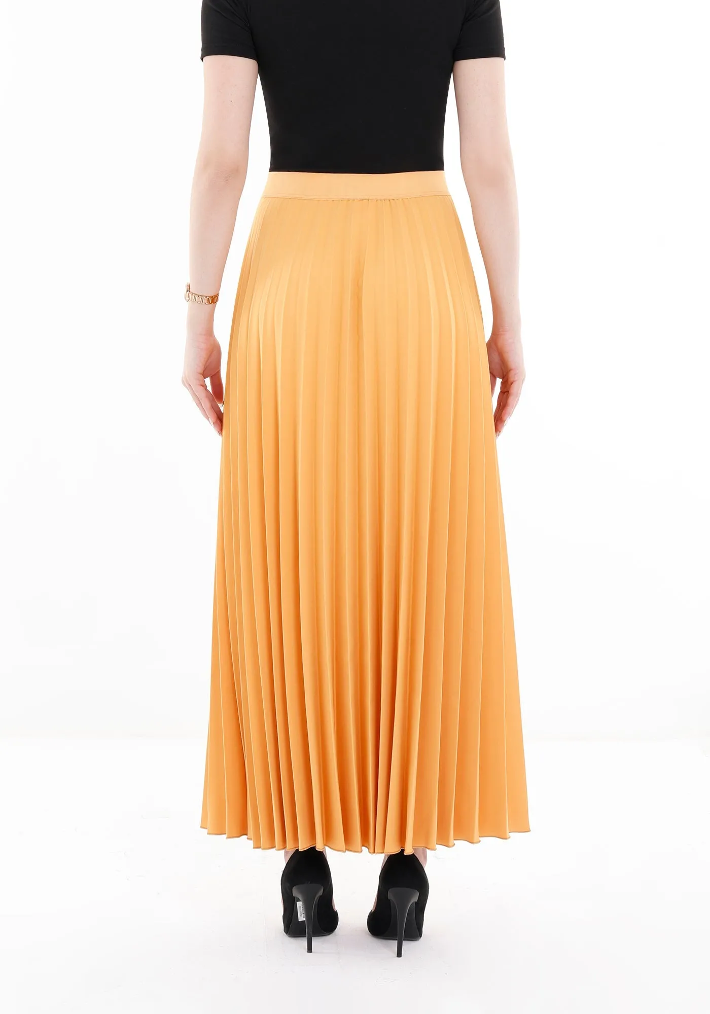 Mustard Pleated Maxi Skirt Elastic Waist Band Ankle Length Plisse Skirt