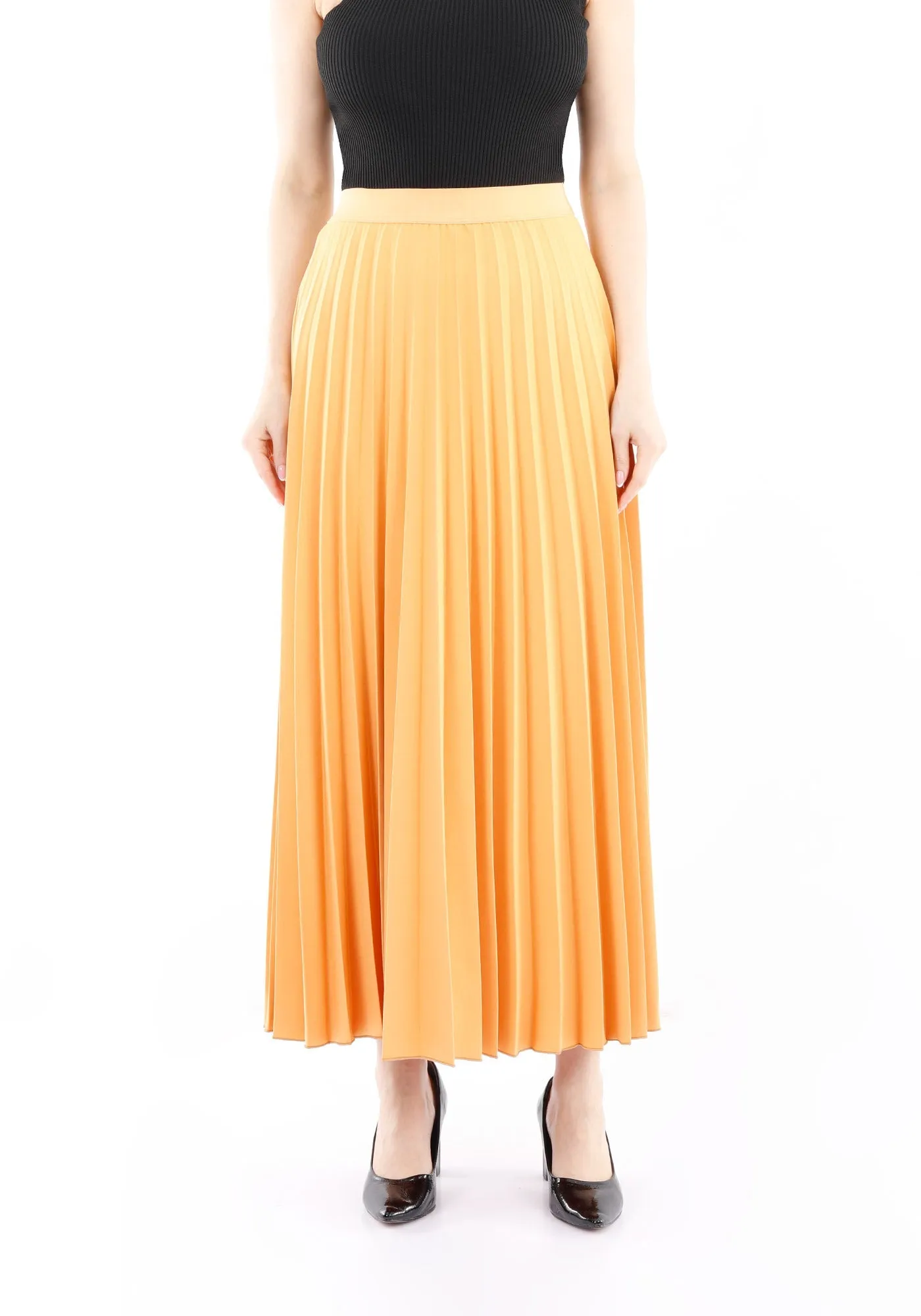 Mustard Pleated Maxi Skirt Elastic Waist Band Ankle Length Plisse Skirt