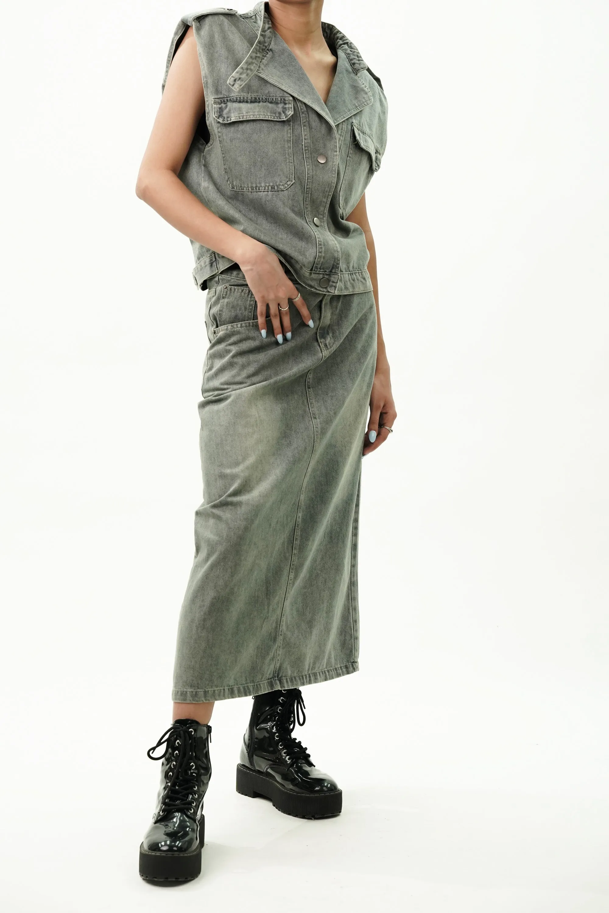 Notched Collar Cotton Denim Jacket with Skirt Coord Set