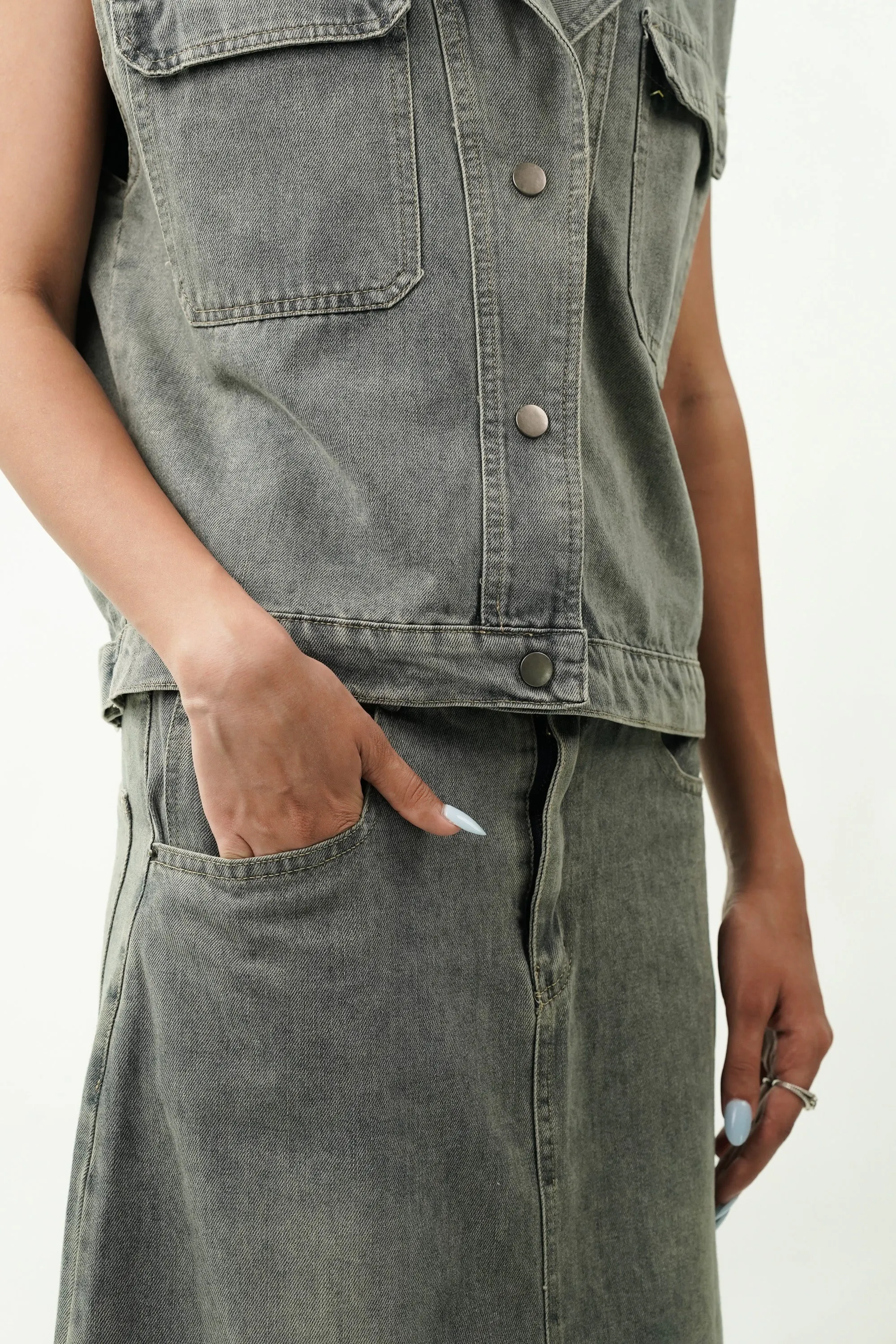 Notched Collar Cotton Denim Jacket with Skirt Coord Set