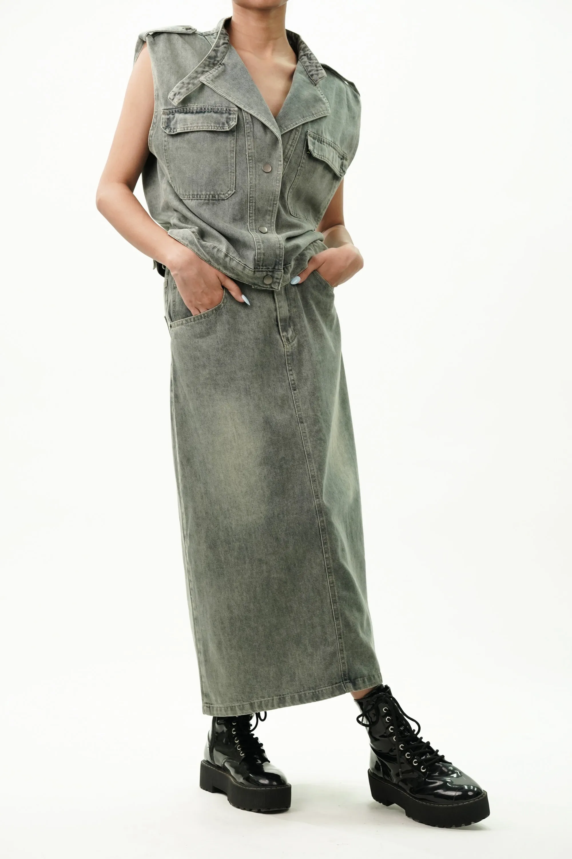 Notched Collar Cotton Denim Jacket with Skirt Coord Set