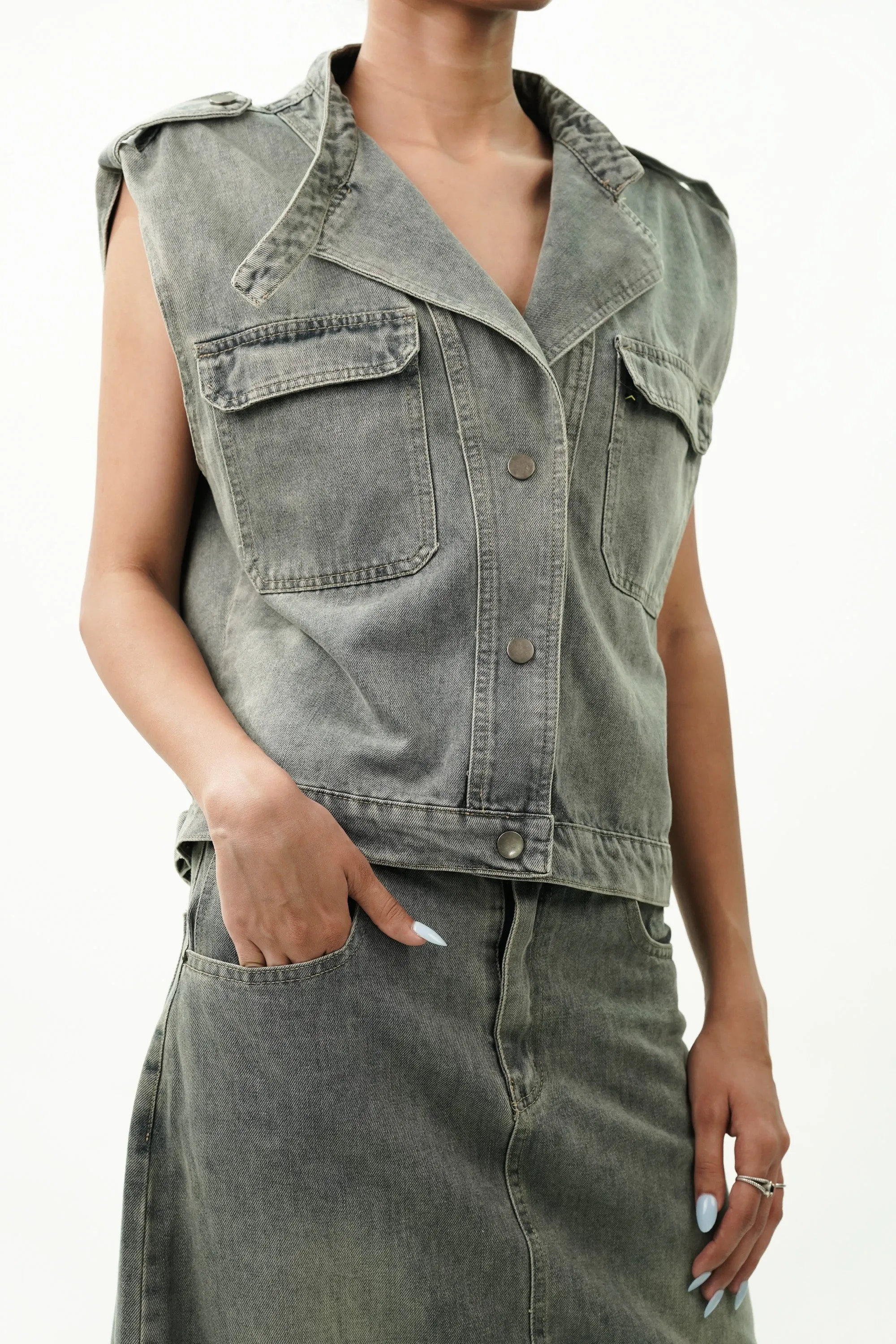 Notched Collar Cotton Denim Jacket with Skirt Coord Set