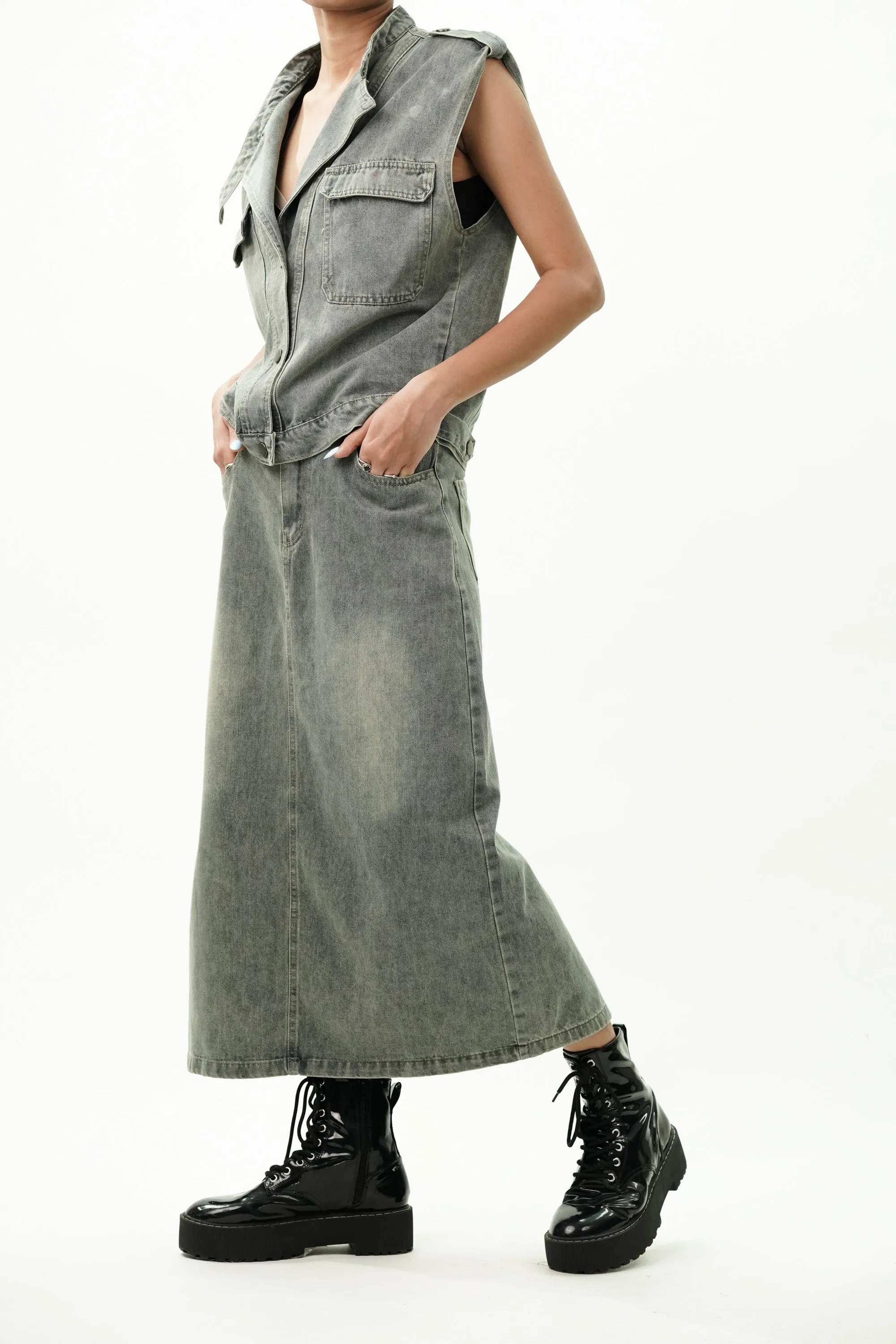 Notched Collar Cotton Denim Jacket with Skirt Coord Set