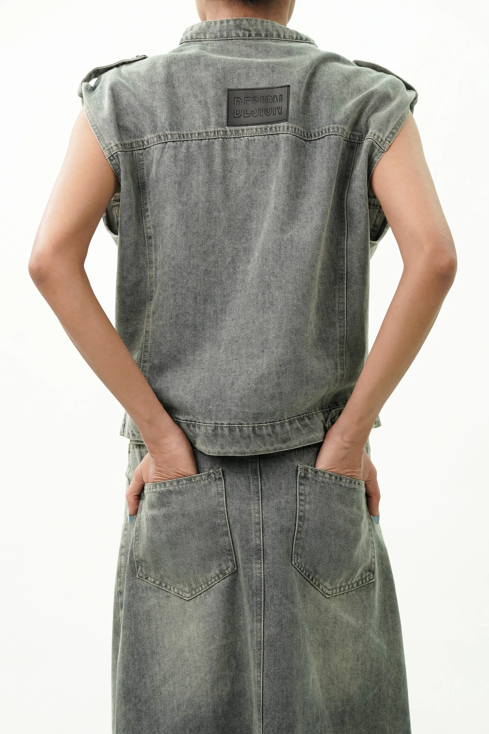 Notched Collar Cotton Denim Jacket with Skirt Coord Set