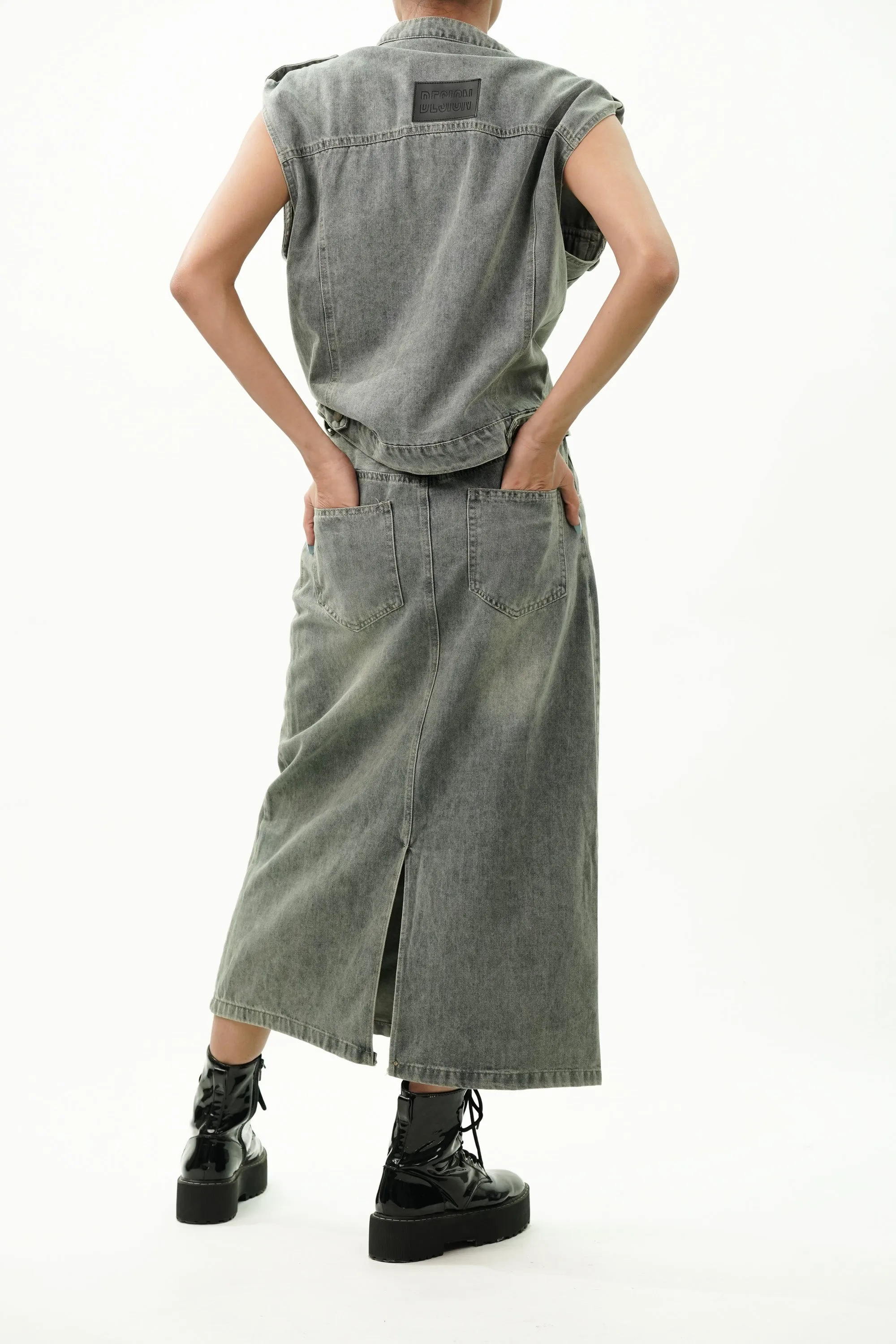 Notched Collar Cotton Denim Jacket with Skirt Coord Set