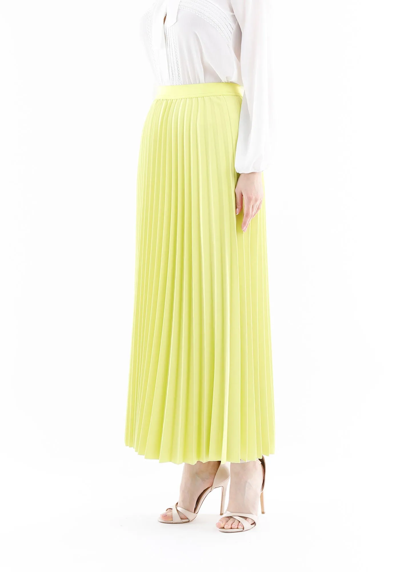 Pistachio Green Pleated Maxi Skirt Elastic Waist Band Ankle Length Plisse Skirt