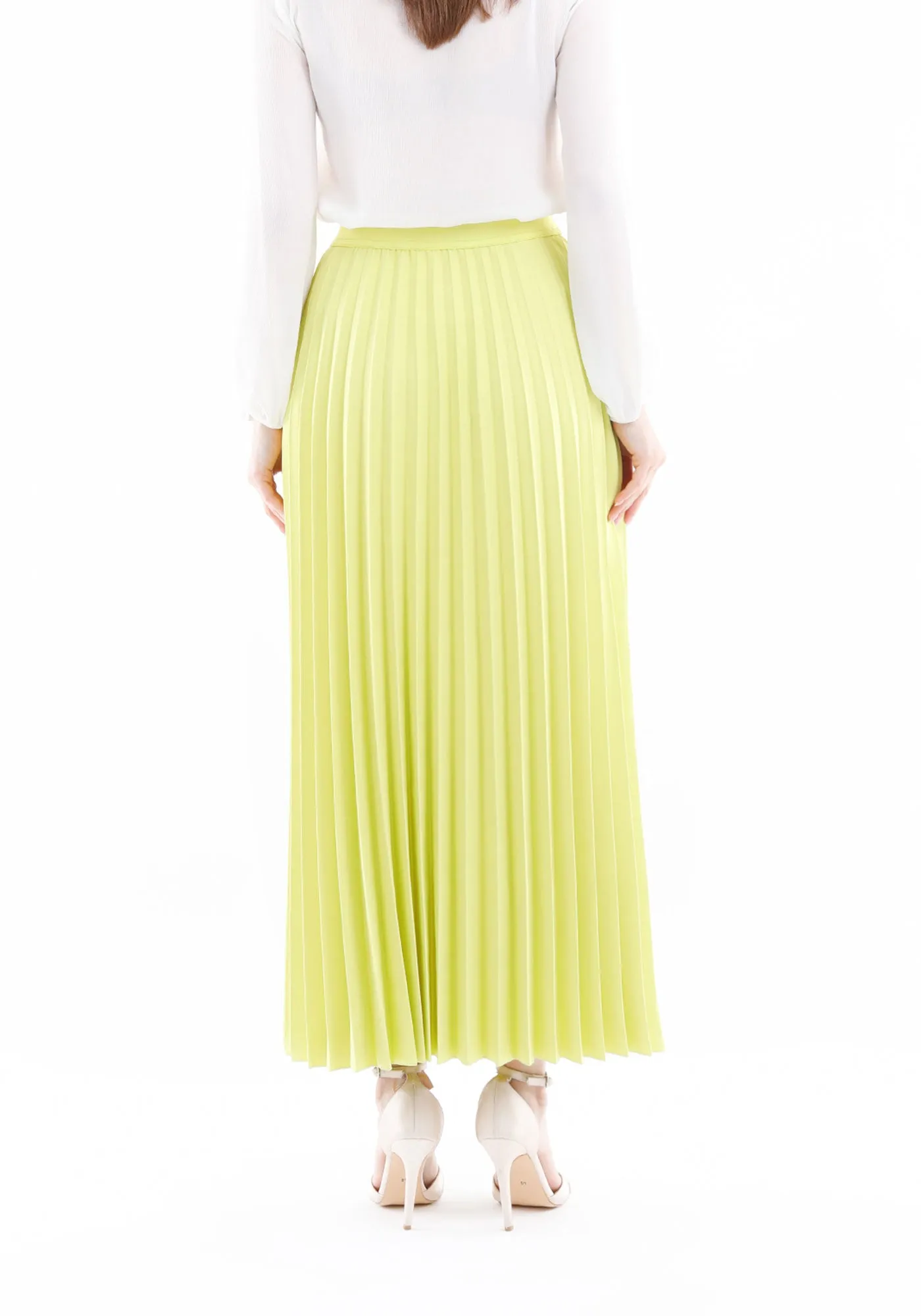 Pistachio Green Pleated Maxi Skirt Elastic Waist Band Ankle Length Plisse Skirt