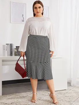 Plus Size Ruffle Hem Black Plaid High Waist Pencil Mermaid Skirt